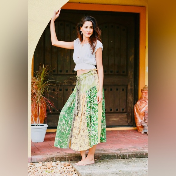 Bohemian Jungle Dreams Button down vegan cotton Green and Yellow Patchwork Skirt - Picture 1 of 4